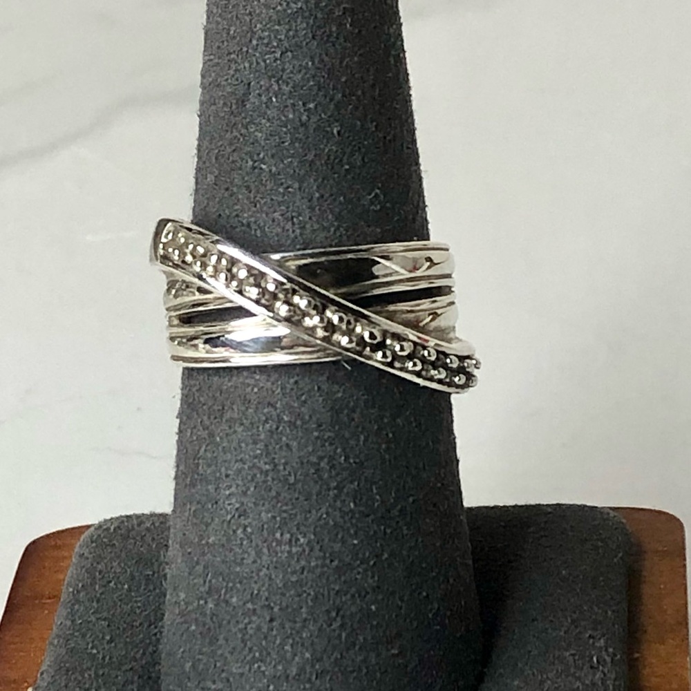 MICHAEL DAWKINS Sterling Silver Crossover Bypass Ring w Granulation Detail